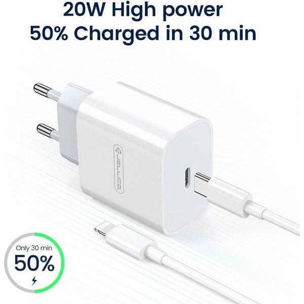 Ładowarka Jellico JELLICO ładowarka sieciowa AK180 PD 20W 1xUSB-C + kabel USB-C - Lightning Biały standard