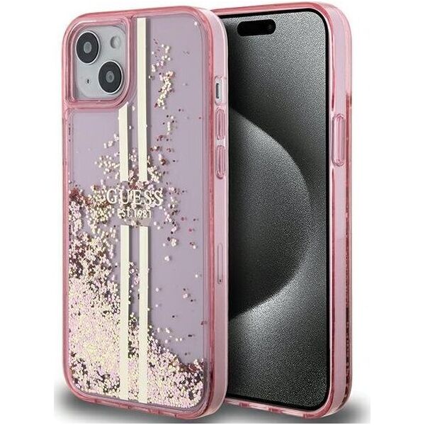 Guess Guess GUHCP15MLFCSEGP iPhone 15 Plus / 14 Plus 6.7" różowy/pink hardcase Liquid Glitter Gold Stripes