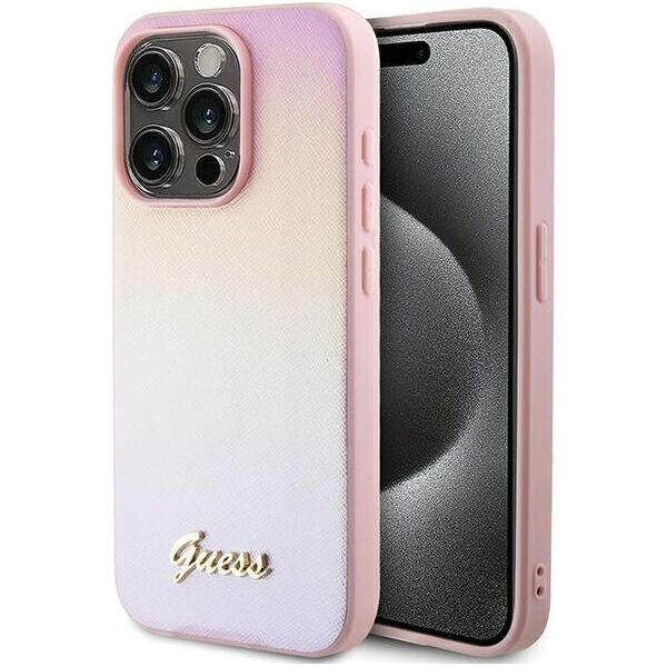 Guess Guess GUHCP15XPSAIRSP iPhone 15 Pro Max 6.7" różowy/pink hardcase Saffiano Iridescent Script