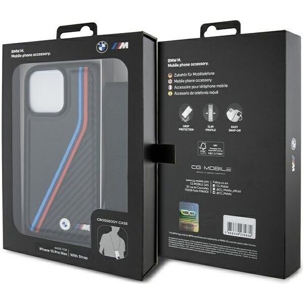BMW BMW BMHCP15X23PSVTK iPhone 15 Pro Max 6.7" czarny/black hardcase M Edition Carbon Tricolor Lines & Strap
