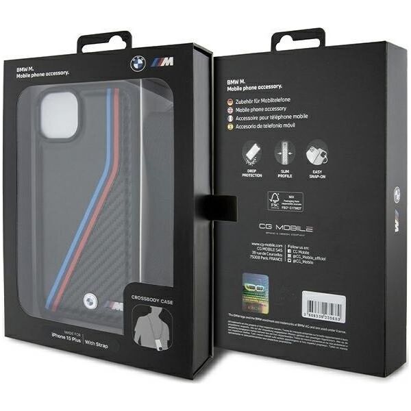 BMW Etui BMW BMHCP15M23PSVTK Apple iPhone 15 Plus / 14 Plus hardcase M Edition Carbon Tricolor Lines & Strap czarny/black