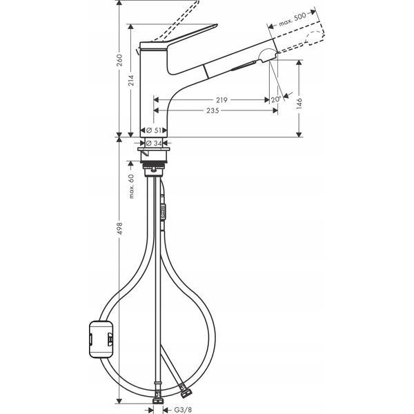 Bateria kuchenna Hansgrohe Hansgrohe Zesis M33 Single lever Kitch.Mix.150 2jet pull-o spray