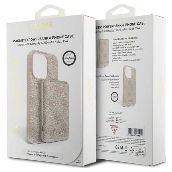 Guess Zestaw Guess GUBPM5P15S4GEMGP Apple iPhone 15 hardcase + Powerbank 5000mAh MagSafe 4G Metal Logo różowy/pink
