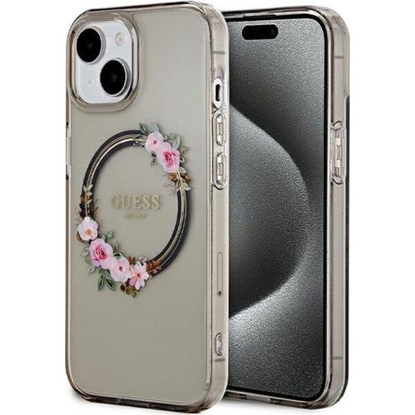 Guess Guess IML Flowers Wreath MagSafe - Etui iPhone 15 (czarny)
