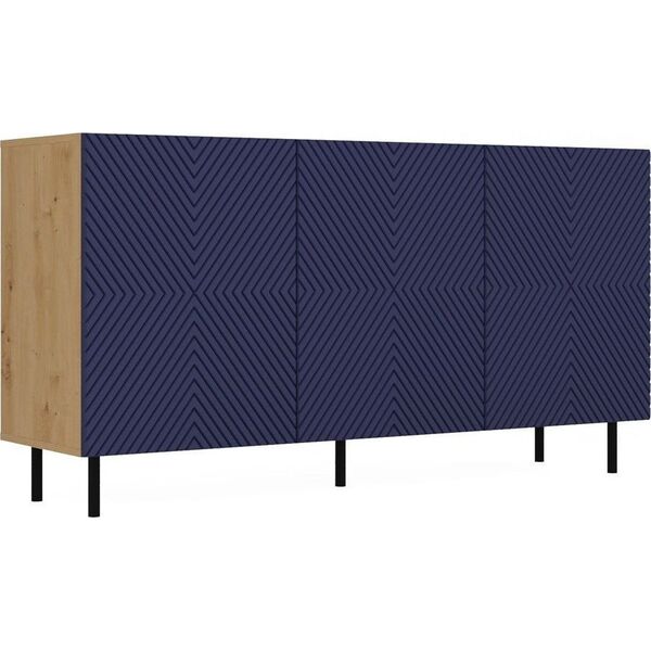 Topeshop Komoda do sypialni, 3 drzwi, Kama, 150x40x78 cm, dąb artisan, granatowy