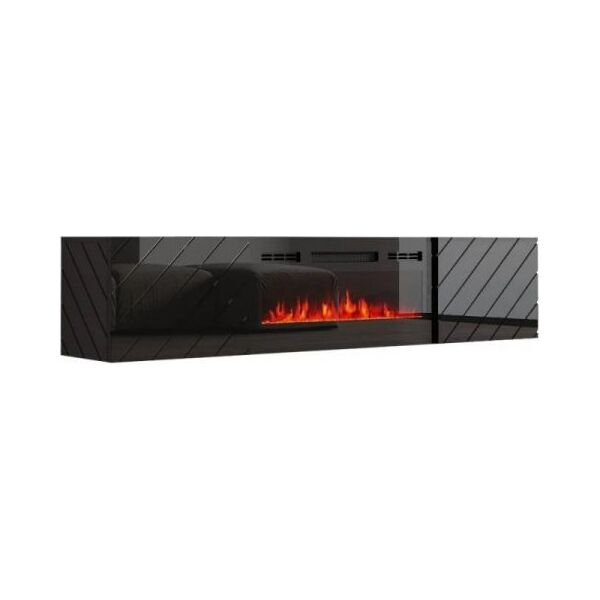 Cama Meble Szafka RTV LUXE 182,6x34,5x37,5 czarny/czarny połysk + czarny kominek