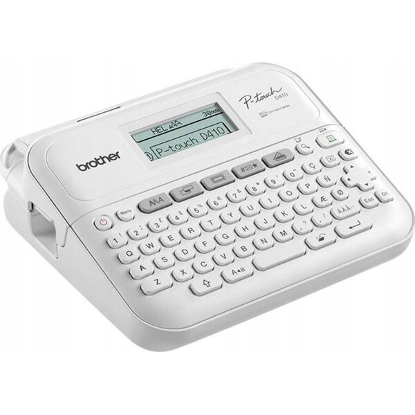 Drukarka etykiet Brother Brother P-Touch PT-D410 - Beschriftungsgerat - s/w - Thermotransfer - 18 mm Breite - 180 dpi - bis zu 20 mm/Sek. - USB - Cutter - 5-zeiliger Druck, Druckvorschau, Spiegelschrift, Vertikaler Druck - Grau, weiss