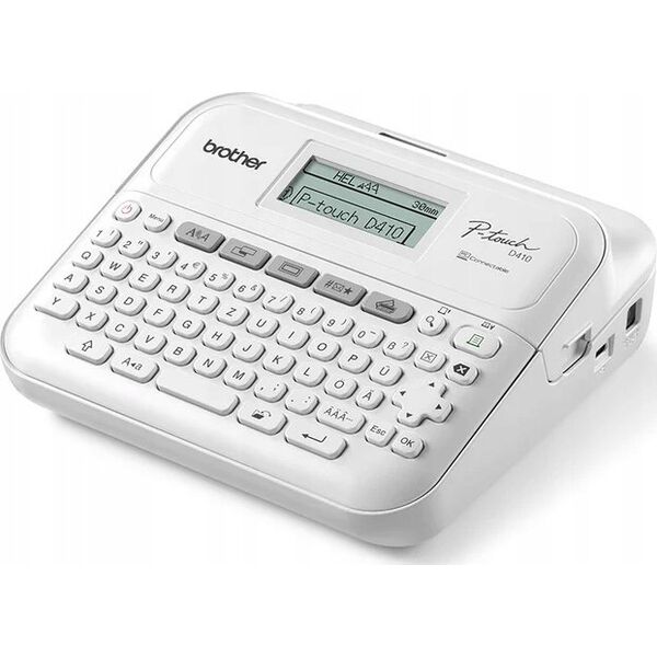 Drukarka etykiet Brother Brother P-Touch PT-D410 - Beschriftungsgerat - s/w - Thermotransfer - 18 mm Breite - 180 dpi - bis zu 20 mm/Sek. - USB - Cutter - 5-zeiliger Druck, Druckvorschau, Spiegelschrift, Vertikaler Druck - Grau, weiss