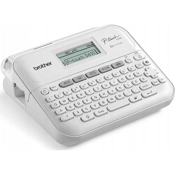Drukarka etykiet Brother Brother P-Touch PT-D410 - Beschriftungsgerat - s/w - Thermotransfer - 18 mm Breite - 180 dpi - bis zu 20 mm/Sek. - USB - Cutter - 5-zeiliger Druck, Druckvorschau, Spiegelschrift, Vertikaler Druck - Grau, weiss