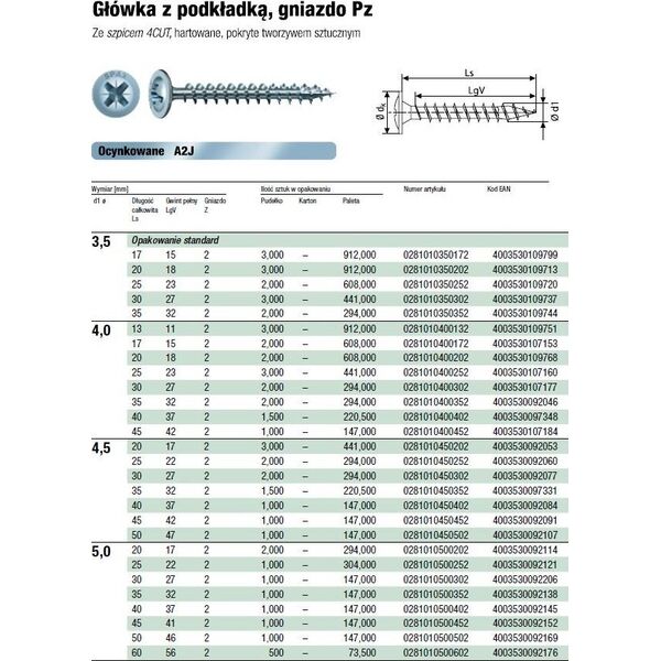 Spax WKRĘT PODKŁADKOWY (500) 5.0*60 PZ 2 BIAŁY OCYNK