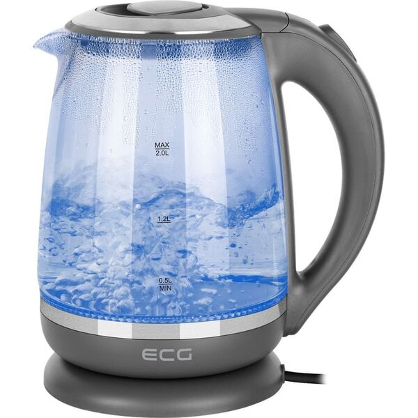Czajnik ECG ECG Elektrinis virdulys RK 2020 Pilkas Glass, 2 L, 360° base with power cord storage, Mėlyna backlight, 1850-2200 W
