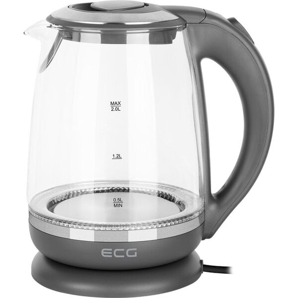 Czajnik ECG ECG Elektrinis virdulys RK 2020 Pilkas Glass, 2 L, 360° base with power cord storage, Mėlyna backlight, 1850-2200 W