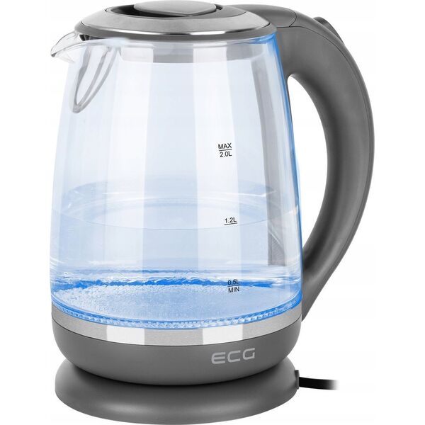Czajnik ECG ECG Elektrinis virdulys RK 2020 Pilkas Glass, 2 L, 360° base with power cord storage, Mėlyna backlight, 1850-2200 W