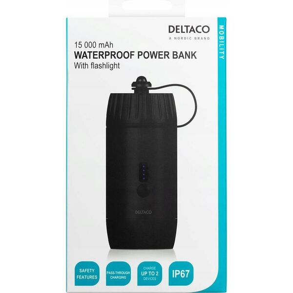 Bateria Deltaco Išorinė baterija DELTACO 15 000 mAh, IP67, USB-A ir C, žibintuvėlis, SOS LED / PB-Q1002