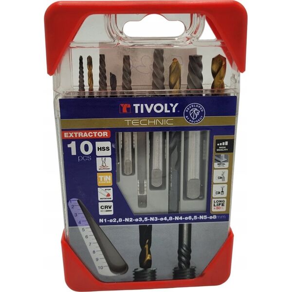 Tivoly Nulūžusių varžtų ištraukiklių rinkinys 10vnt. (M3-M18 varžtams) HSS TiN, Tivoly