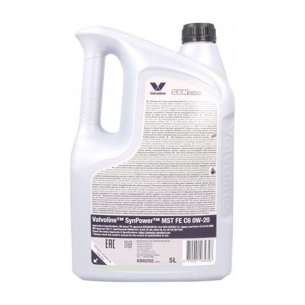 Valvoline Alyva varikliui Synpower MST FE C6 0W20 5L, Valvoline