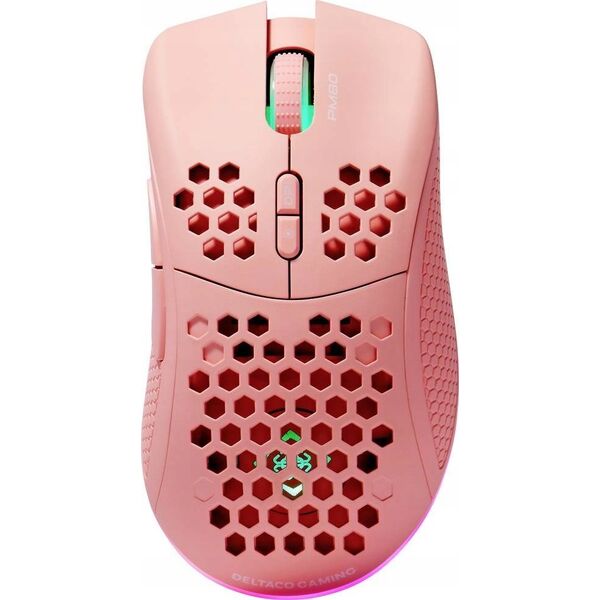 Mysz Deltaco Belaidė itin lengva žaidimų pelė DELTACO GAMING Rožinis LINE PM80 70g svorio, RGB, SPCP6651, 400-4800 DPI, 1000 Hz, rožinė / GAM-120-P