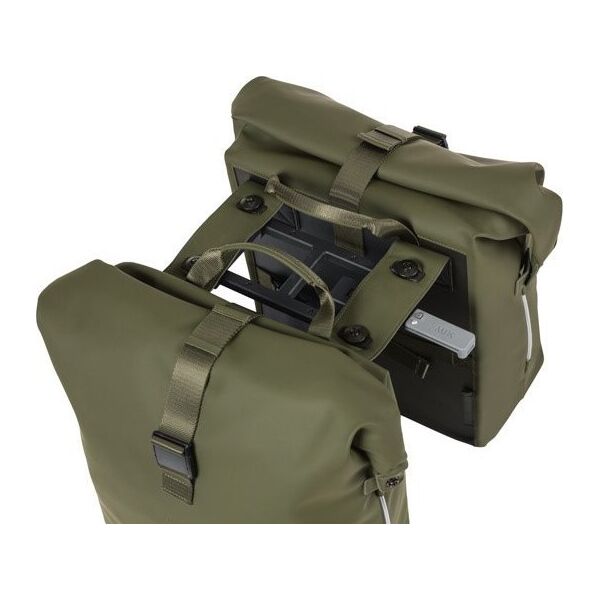Basil Sakwa podwójna BASIL SOHO DOUBLE PANNIER BAG NORDLICHT MIK, MIK System (ready to go) 41L, 100% wodoodporna moss green oświetlenie Nordlicht Technology