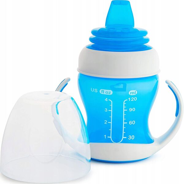 Munchkin MUNCHKIN mokomoji gertuvė su rankenomis ir minkštu snapeliu, Gentle Transition, mėlyna, 4mėn+, 118 ml, 012549WWW