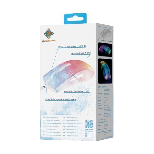 Mysz Deltaco Belaidė pusiau permatoma DELTACO GAMING pelė, RGB, itin lengva, balta / GAM-145-W
