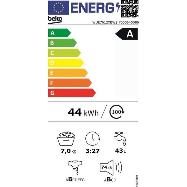 Pralka Beko BEKO Skalbimo mašina WUE7612XBWS, 7kg, Energy class A, 49 cm, 1200 rpm, Inverter motor, Steam Cure, Hygiene+