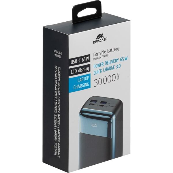 RivaCase RIVACASE Power Bank 30000 mAh QC/PD 65W LCD for Nešiojamas kompiuteris Juodas