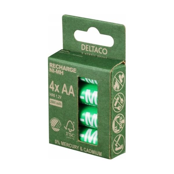 Deltaco Įkraunamos AA baterijos DELTACO AA 2500mAh, pažymėtos "Nordic Swan" ekologiniu ženklu, 4 vnt. pakuotė / ULT-NH2500AA-4P