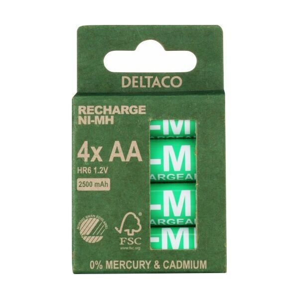 Deltaco Įkraunamos AA baterijos DELTACO AA 2500mAh, pažymėtos "Nordic Swan" ekologiniu ženklu, 4 vnt. pakuotė / ULT-NH2500AA-4P