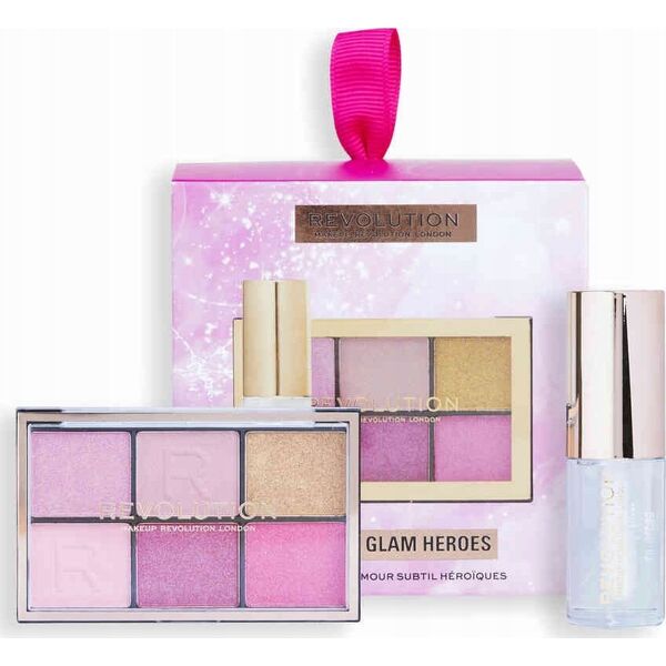 Makeup Revolution Mini Soft Glam Heroes Set Makeup Revolution: Reloaded, Eyeshadow Palette, HeartBreaker, 6 Shades, 4.2 g *Miniature + Pout Bom, Vegan, Lip Gloss, Glaze, 4 ml For Women