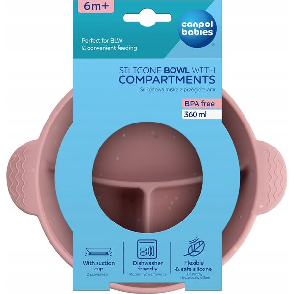 Canpol CANPOL BABIES silikoninis neslystantis dubenėlis DOTS, 3 skyrių, 360 ml, 51/403_pink
