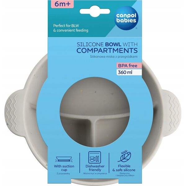 Canpol CANPOL BABIES silikoninis neslystantis dubenėlis DOTS, 3 skyrių, 360 ml, 51/403_grey