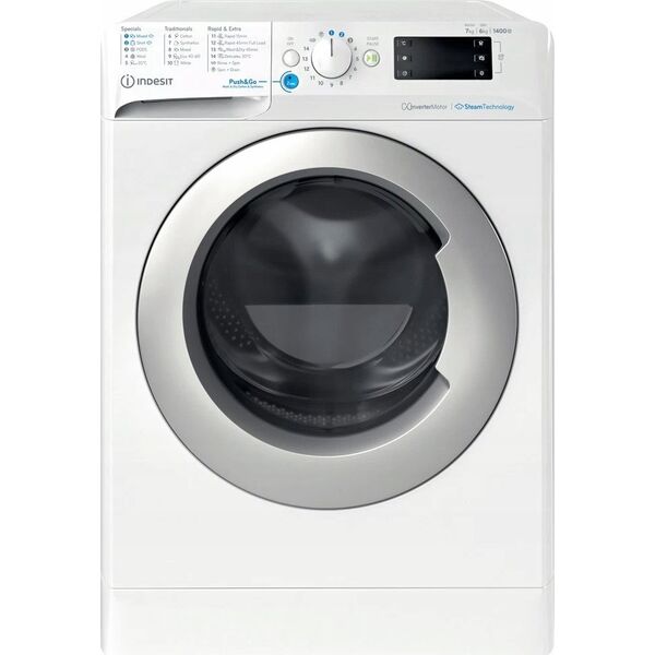 Pralko-suszarka Indesit INDESIT | Washing machine with Dryer | BDE 76435 WSV EE | Energy efficiency class B/D | Front loading | Washing capacity 7 kg | 1351 RPM | Depth 54 cm | Width 60 cm | LCD | Drying system | Drying capacity 6 kg | Steam function | Wh
