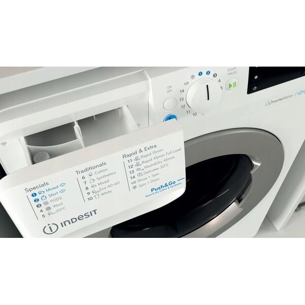 Pralko-suszarka Indesit INDESIT | Washing machine with Dryer | BDE 76435 WSV EE | Energy efficiency class B/D | Front loading | Washing capacity 7 kg | 1351 RPM | Depth 54 cm | Width 60 cm | LCD | Drying system | Drying capacity 6 kg | Steam function | Wh
