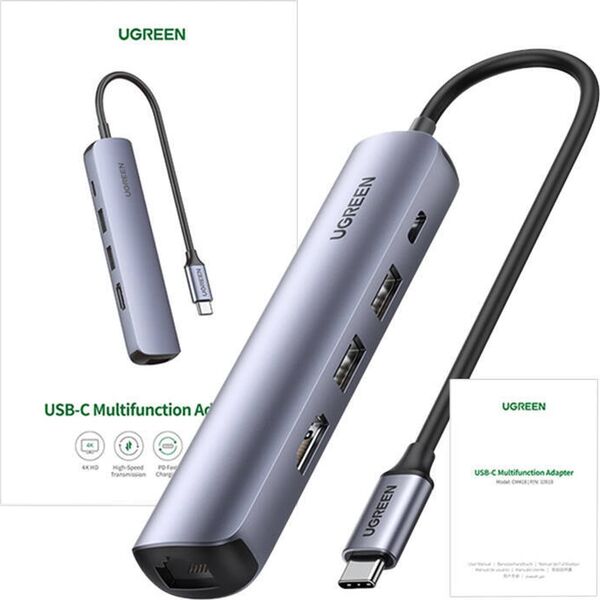 HUB USB Ugreen Hub / Adapter Ugreen Revodok CM418 USB-C do 2x USB, HDMI 4K 30 Hz, RJ45 1Gbps, PD 100W (szary)