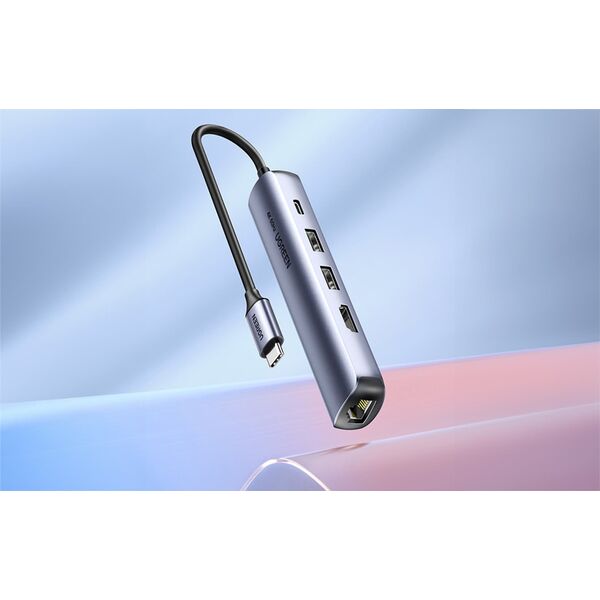 HUB USB Ugreen Hub / Adapter Ugreen Revodok CM418 USB-C do 2x USB, HDMI 4K 30 Hz, RJ45 1Gbps, PD 100W (szary)