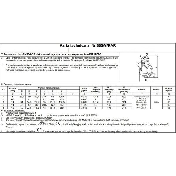 UN HAK ZAWIESIOWY Z UCHEM I ZABEZPIECZENIEM G8 10MM WLL 3.15T