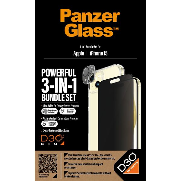PanzerGlass PanzerGlass Privacy Bundle 3in1 iPhone 15 6.1" D3O Hardcase + Screen Protector UWF+ Lens 1136+1172+P2809