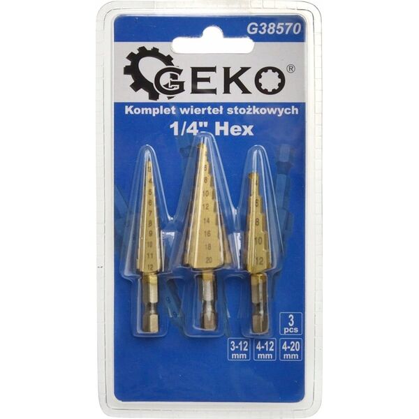 Wiertło Geko Kpl. wierteł stożkowych 1/4" Hex 3szt. (3-12,4-12,4-20mm) (100)