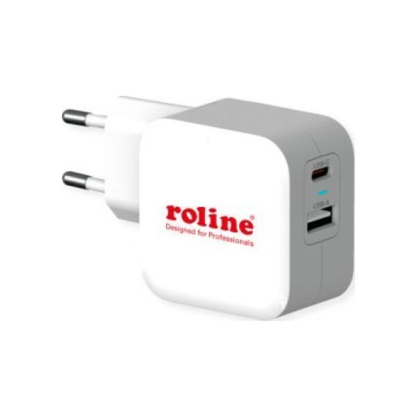 Adapter USB Roline Ładowarka USB ROLINE z wtyczką Euro, 2 porty (Typ-A QC3.0, Typ-C PD), 38W