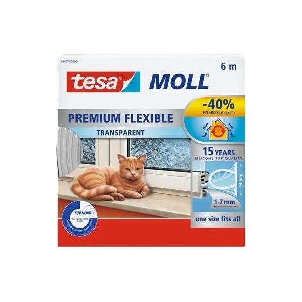 Tesa TESA 05417-200. Produktfarbe: Transparent, Material: Silikon, Haltbarkeitsdauer (max.): 15 Jahr(e). Länge: 6 m, Spaltdichtung (min.): 7 mm, Spaltdichtung (max.): 9 mm (05417-00200-00)