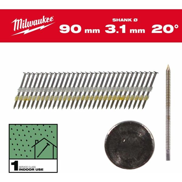 Milwaukee MILWAUKEE GWOŹDZIE 20° PIERŚCIENIOWE OKRĄGŁY ŁEB JASNY 90mm /1750szt. - M18 FFN21