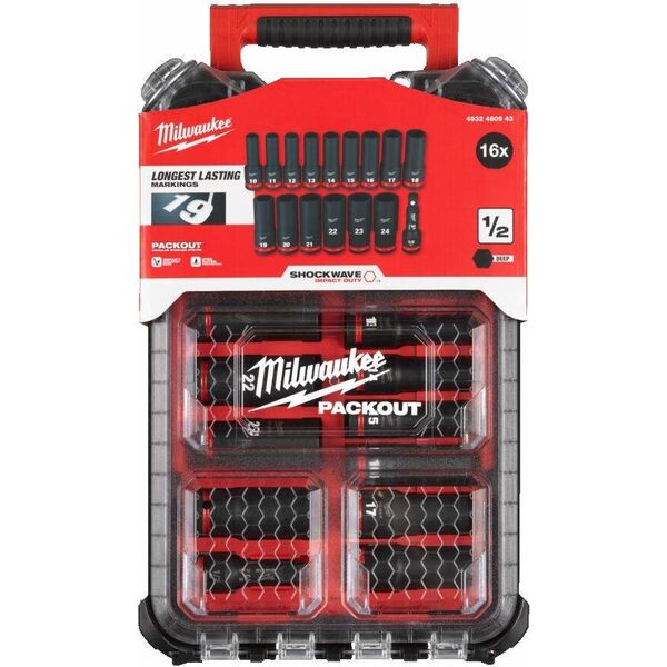 Milwaukee Impact head set 1/2 10-24mm + extension (16 pcs.) Milwaukee (Packout case)