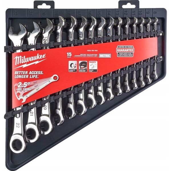 Milwaukee MILWAUKEE WRENCH SET FLUSH-EYE. 15 pcs. MAXBITE WITH METRIC RATCHET