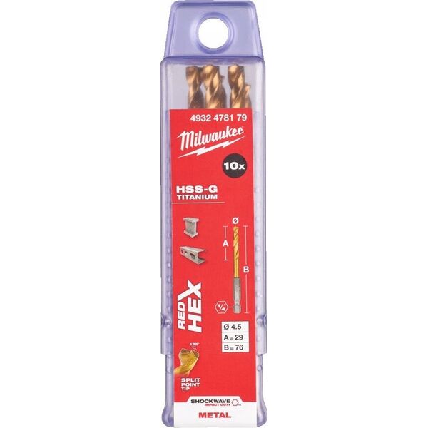Wiertło Milwaukee MILWAUKEE METAL DRILL HSS-G TIN 4.5mm HEX (10 pcs.)