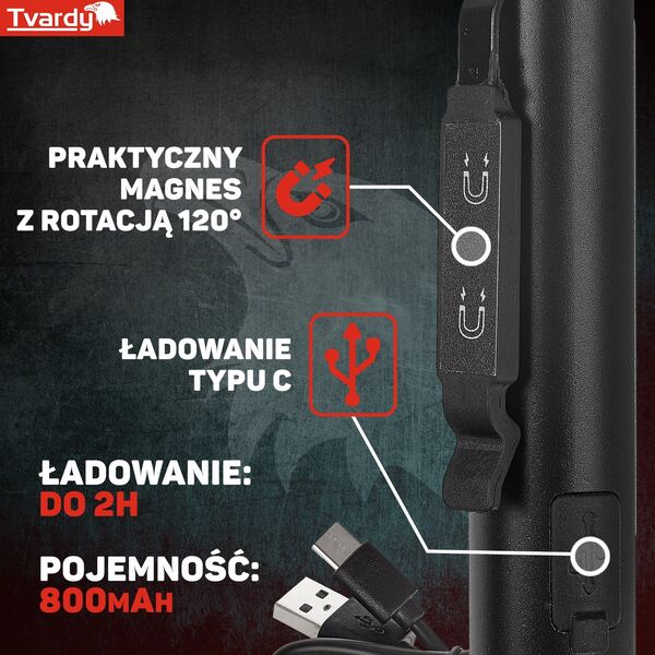 Tvardy Lampa warsztatowa inspekcyjna z magnesem LED COB 5W + 3W UV laser 800mAh 400lm IP44 (100)