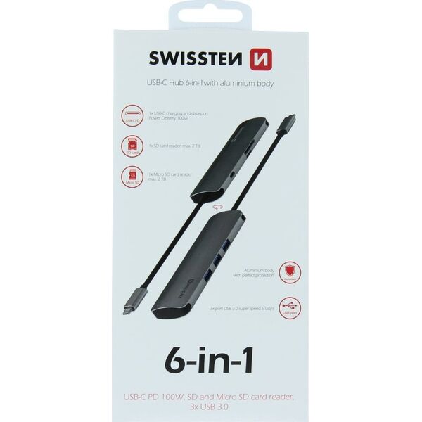 HUB USB Sourcing Swissten USB-C Splitter 6in1 with 3X USB 3.0 / 1X USB-C Power Delivery / 1X microSD / 1X SD / Aluminum housing