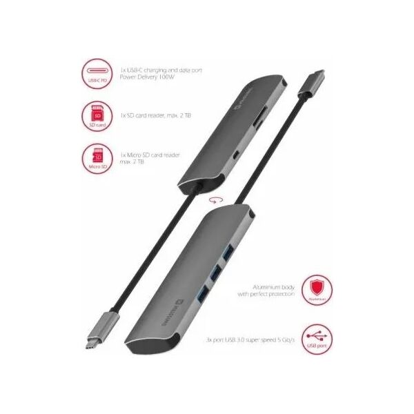 HUB USB Sourcing Swissten USB-C Splitter 6in1 with 3X USB 3.0 / 1X USB-C Power Delivery / 1X microSD / 1X SD / Aluminum housing