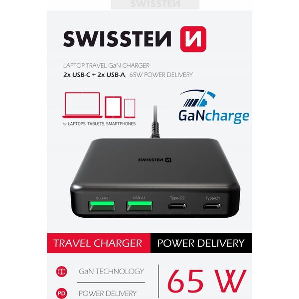 Zasilacz do laptopa Sourcing Swissten Desktop GaN Charger Adapter 2x USB-C / 2x USB / 65W