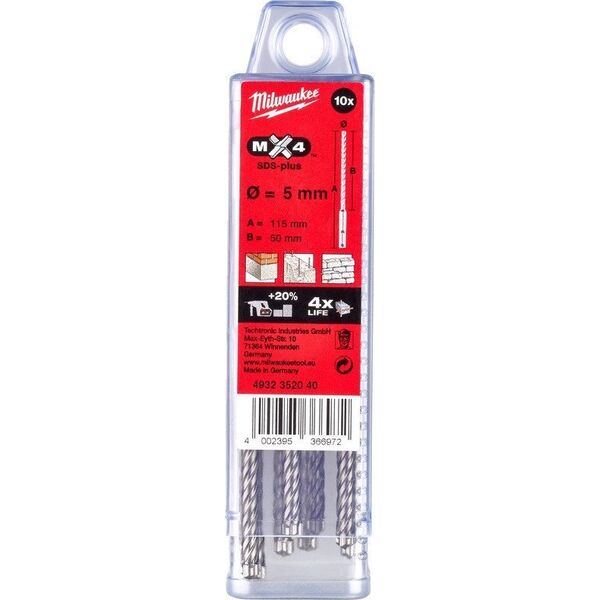Wiertło Milwaukee Drill bit SDS Plus MX4 5x115/50mm, (4 hard plates), Milwaukee (10PCS)