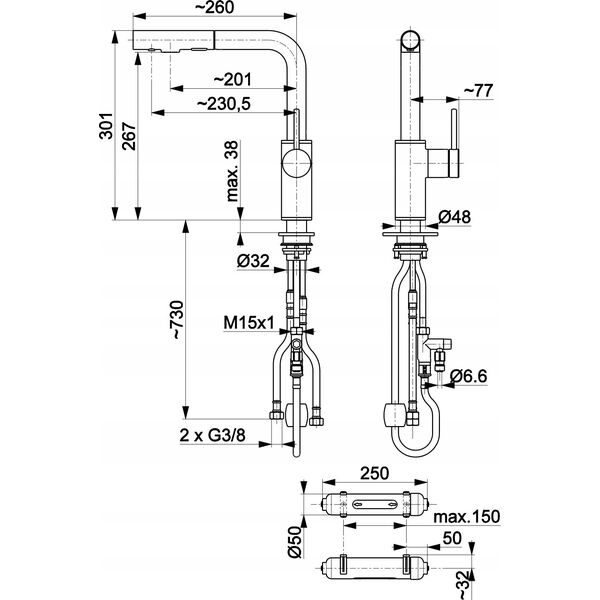 Bateria kuchenna KFA DUERO PURE BASIC PULL-OUT BATERIA KUCHENNA Z FUNKCJĄ FILTRACJI WODY I WYCIĄGANĄ WYLEWKĄ + FILTR HYDRO, INOX